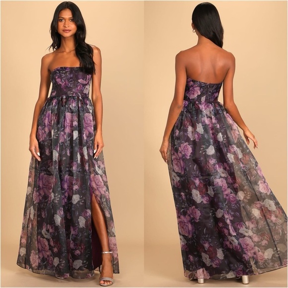 LULU’S Wonderful Waltz Purple Floral Print Strapless Bustier Maxi Dress - Picture 1 of 8